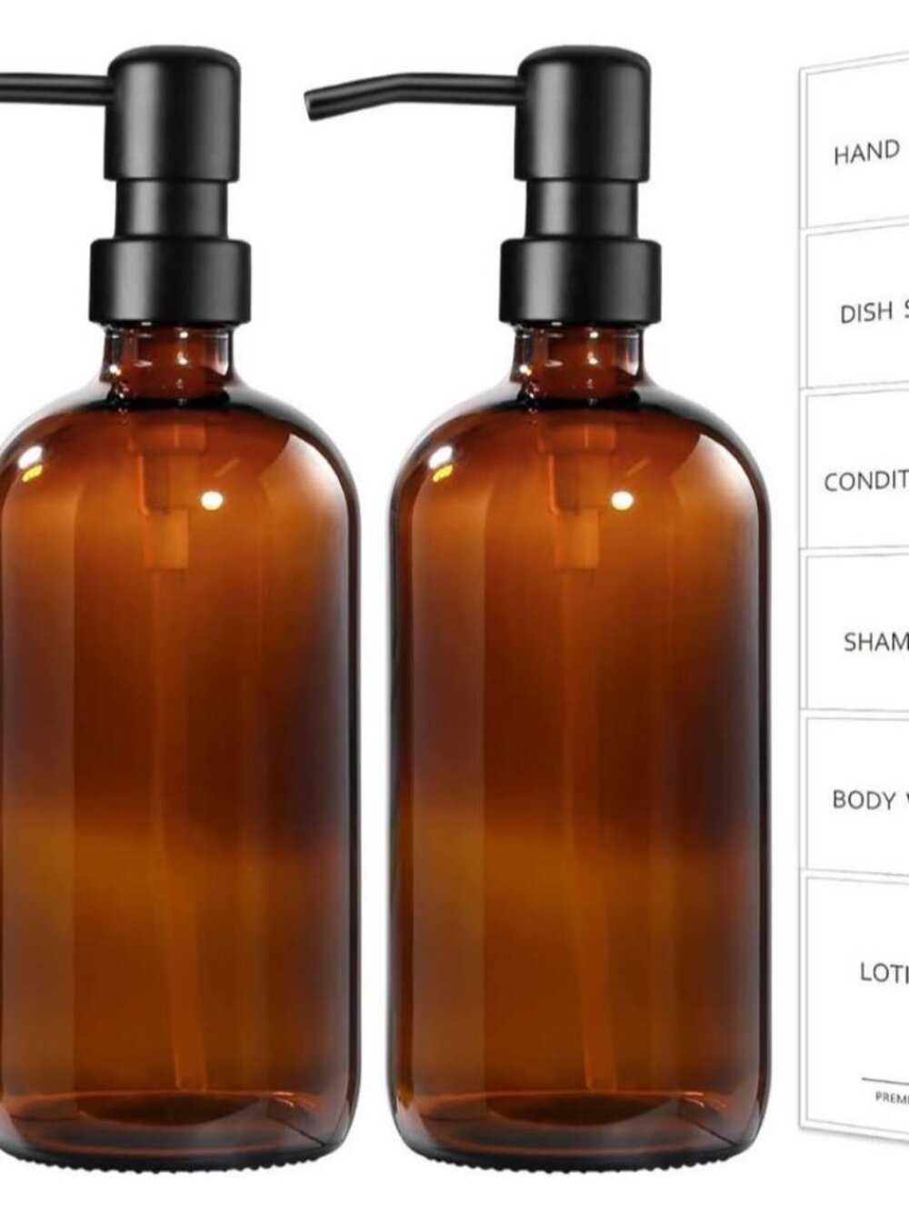 New 2 Pack Hand Soap Dispenser with Rustproof Stainless Steel Pump, Amber Glass